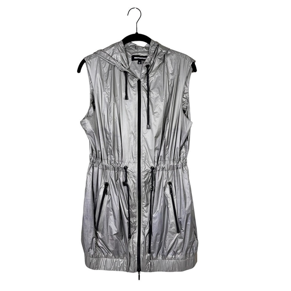Anatomie Mela Silver Metallic Windbreaker Vest Hooded Zip Front Size M